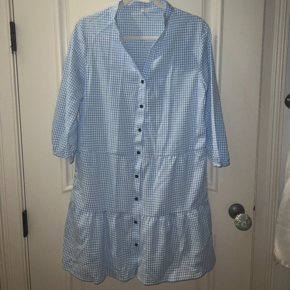 Tiered Gingham Shirt Dress, Small